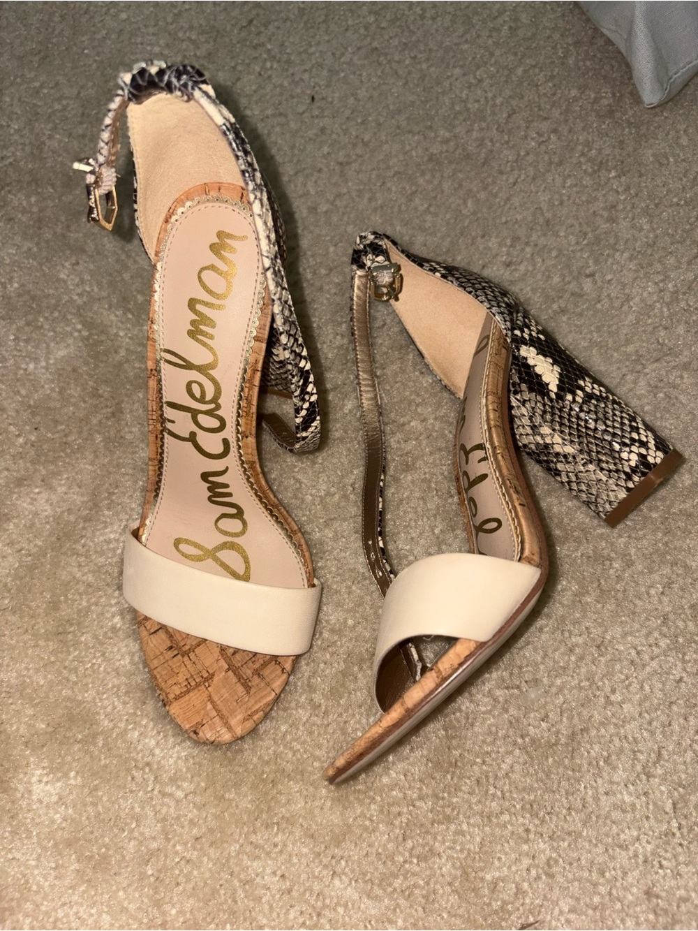 Sam Edelman Cream and Snake-Print Block Heel Sandals